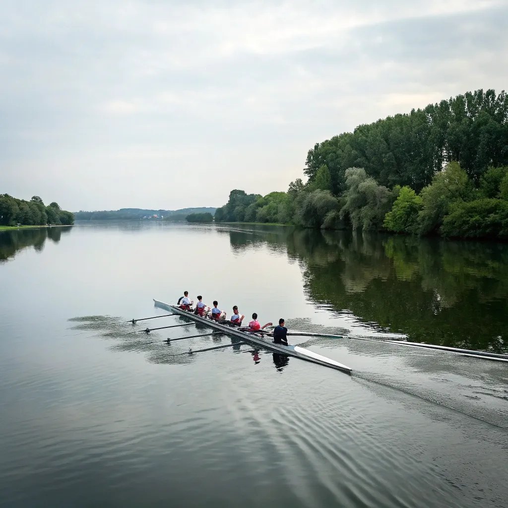 A team of rowers practicing on a tranquil lake